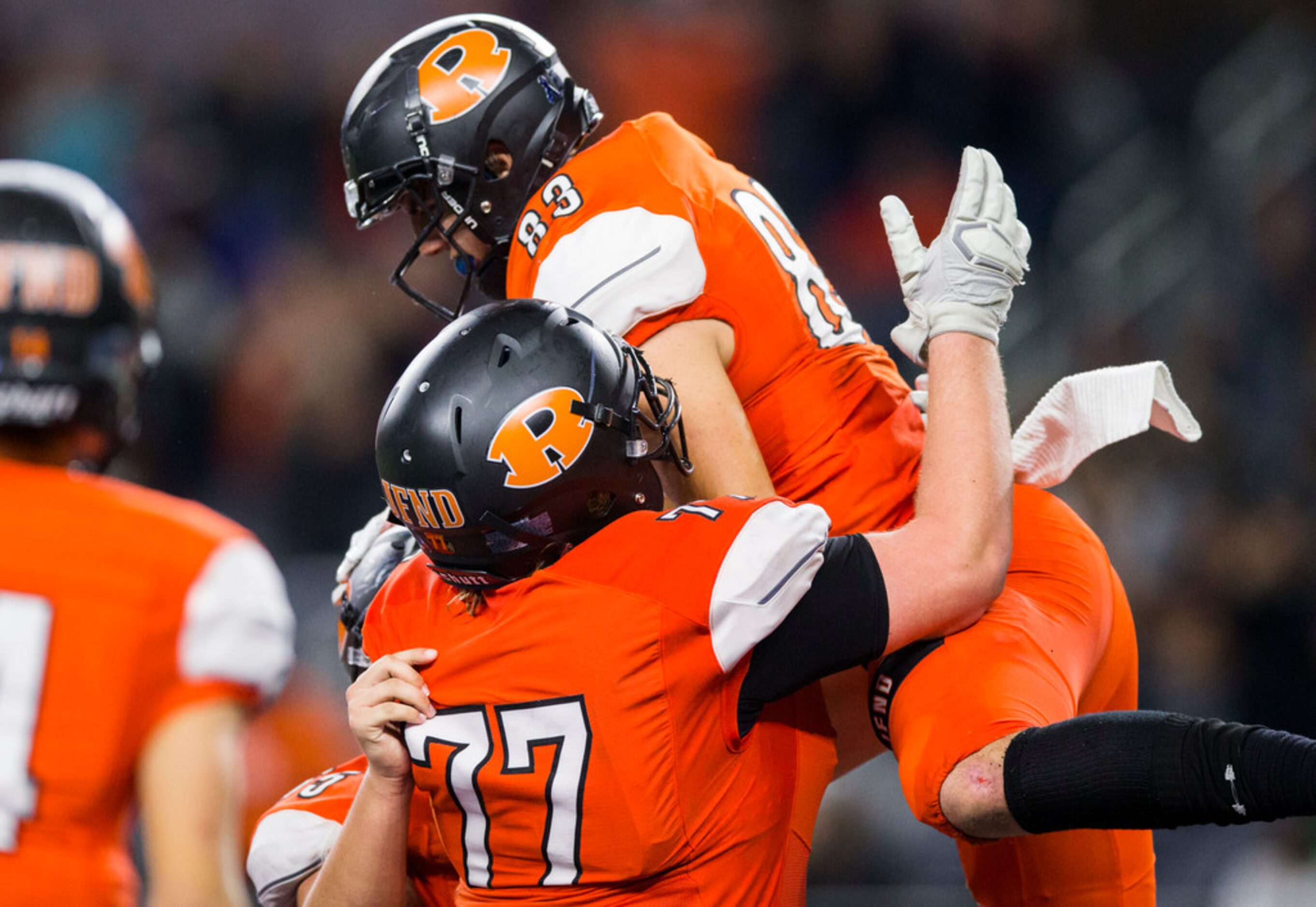 Rockwall tight end Kade Klinkovsky (83) celebrates a touchdown during the fourth quarter of...