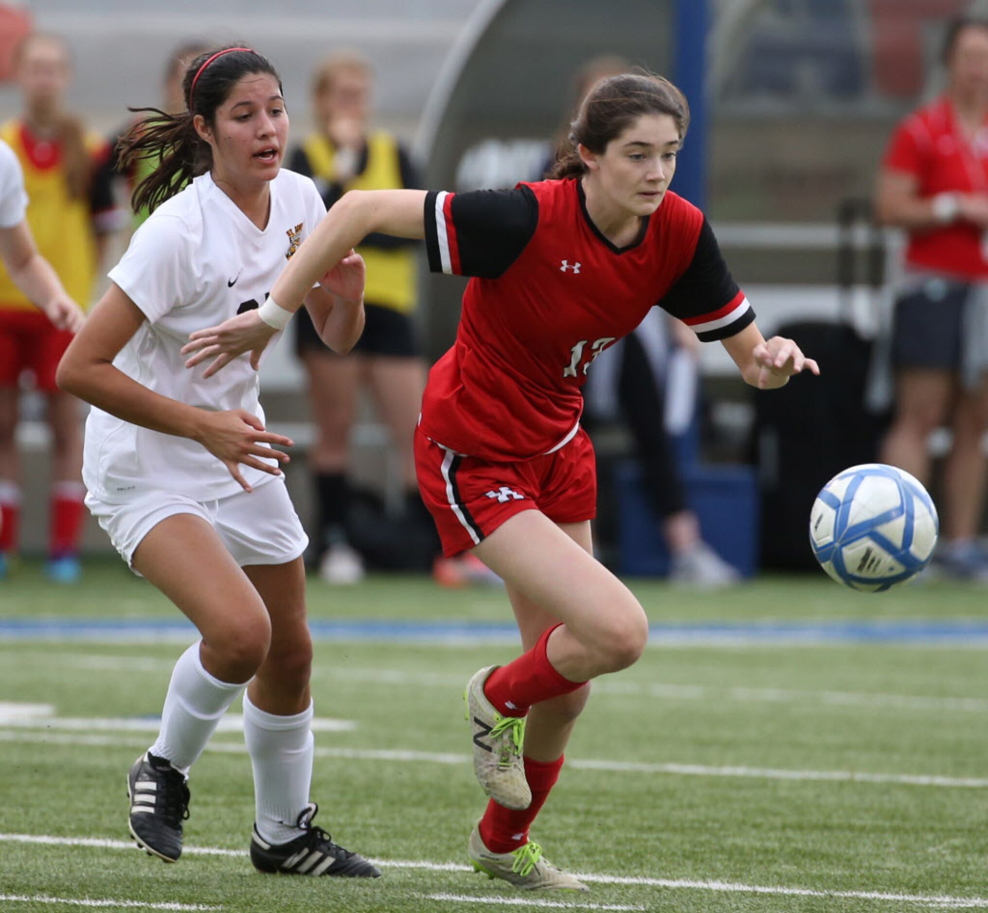 Ursuline Academys Adreinne Bland (13) chases for the ball against St. Agnes Academys...