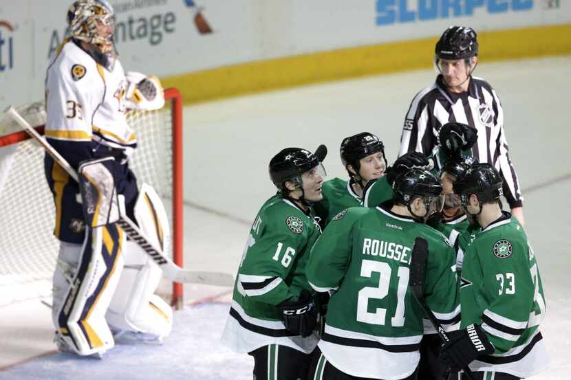 Nashville Predators' Pekka Rinne (35) of Finland stands by the net after allowing a goal by...