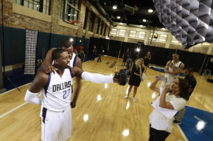 Wesley Matthews (left 23) takes a selfie with Samuel Dalembert  media day for the Dallas...