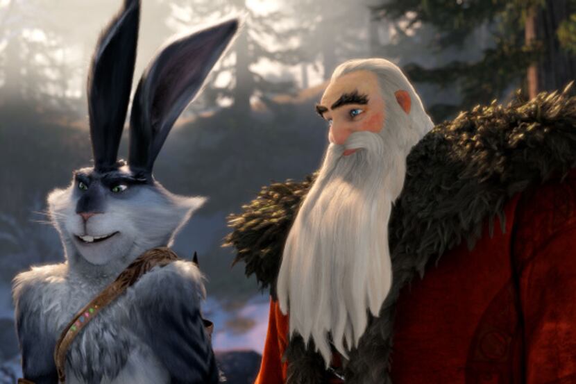 This image released by Paramount Pictures shows Bunnymund, voiced by Hugh Jackman, left, and...