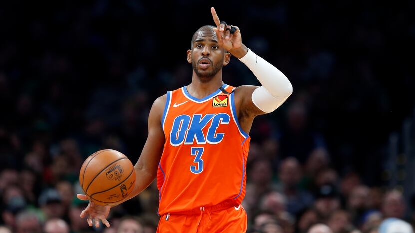 FILE - In this March 8, 2020 photo, the Oklahoma City Thunder's Chris Paul plays against the...