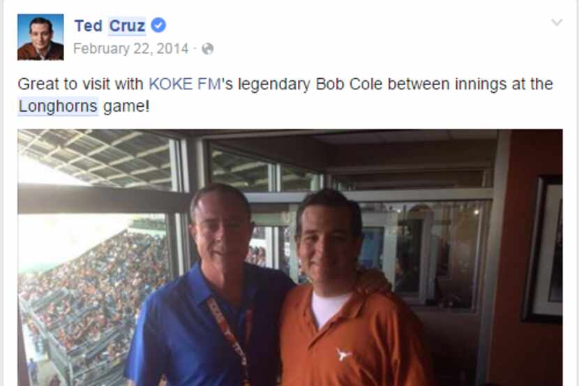  Sen. Ted Cruz, right, poses with KOKE radio's Bob Cole at a Texas Longhorns baseball game...