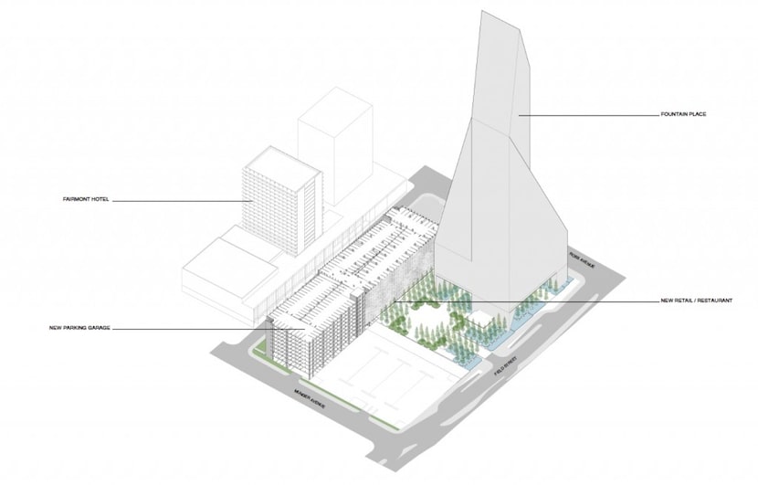  The new garage will be located between the tower and the Fairmont Hotel. (Fountain Place)