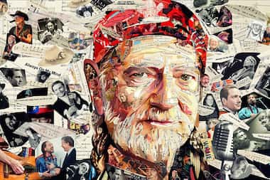 Collage portrait of Willie Nelson, cut from sheet music and file photos.