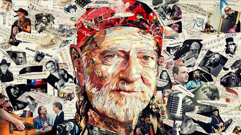 Collage portrait of Willie Nelson, cut from sheet music and file photos.