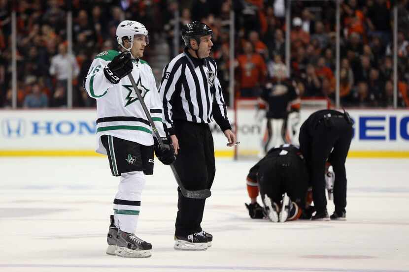 ANAHEIM, CA - APRIL 25:  Ryan Garbutt #16 of the Dallas Stars is escorted off the ice after...