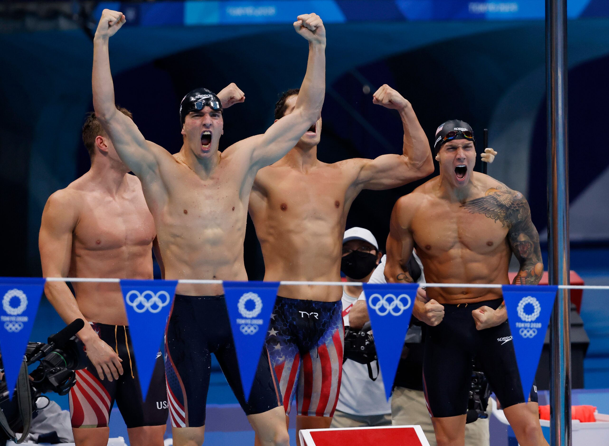 (Left to right) USA’s Ryan Murphy, Zach Apple, Michael Andrew and Caeleb Dressel celebrate...