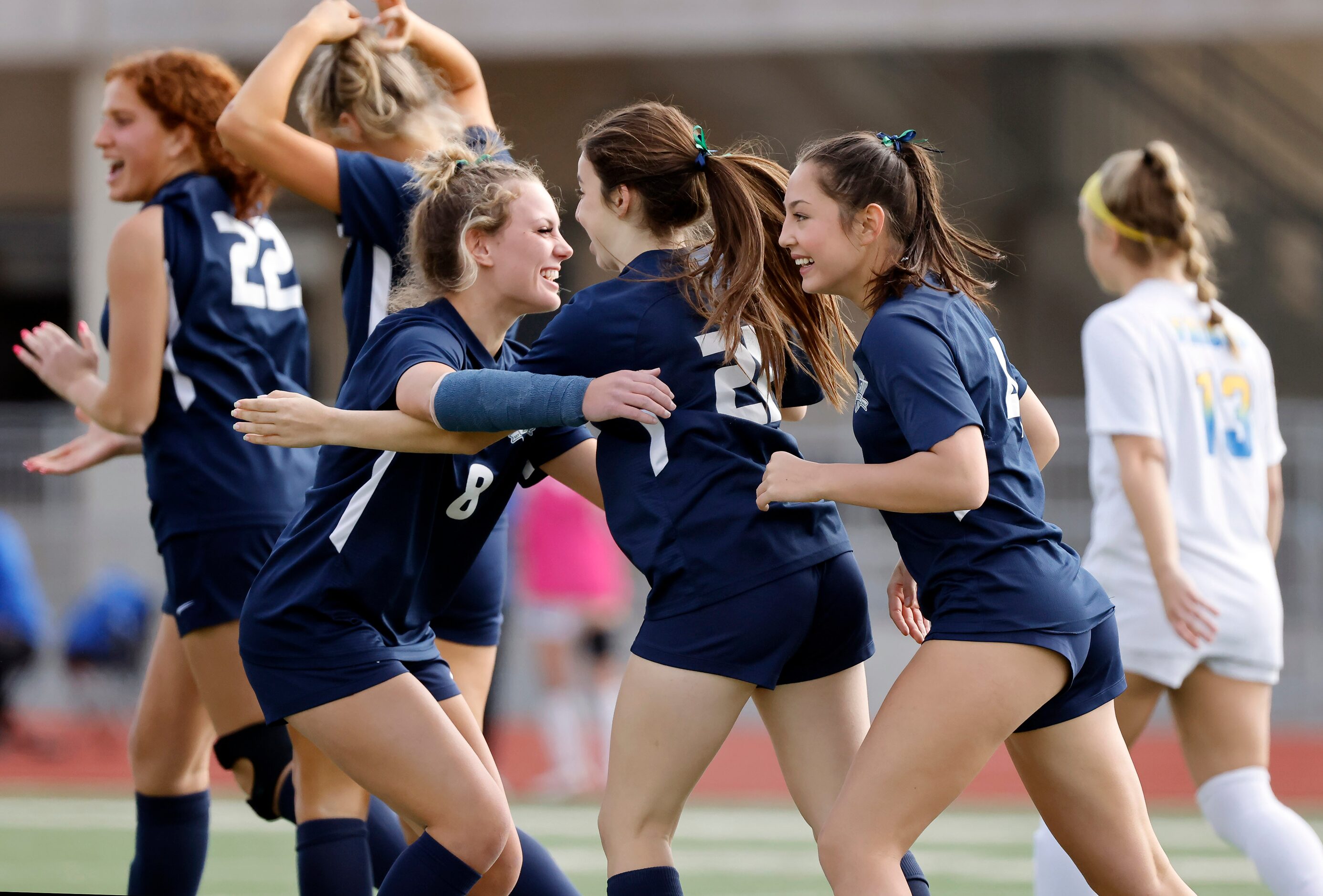 Frisco Reedy’s Ashlev Rabinowitz (21) is congratulated on her first half goal against Frisco...