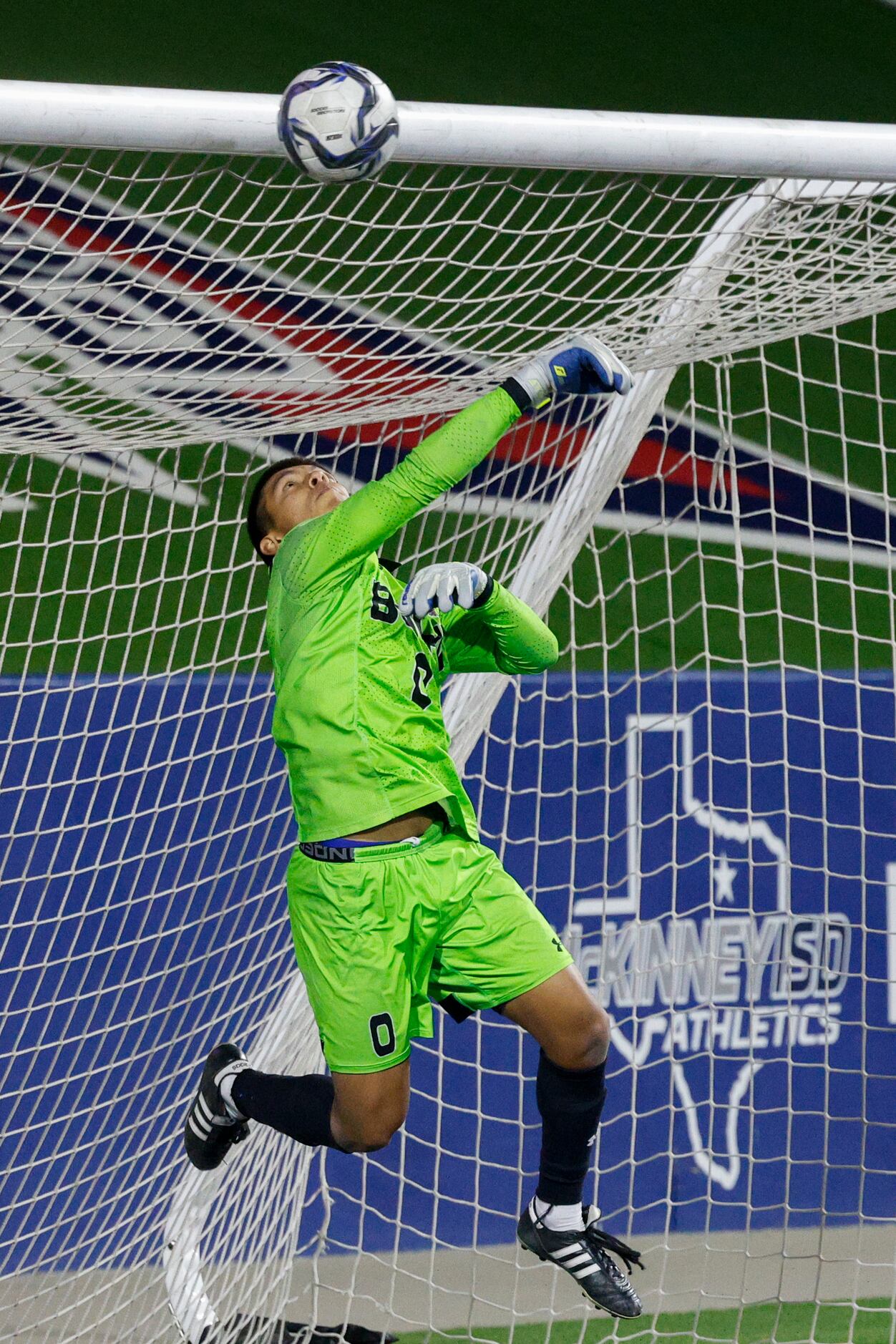 McKinney Boyd goalkeeper Yahir Batres (0) makes a leaping save during the second half of a...