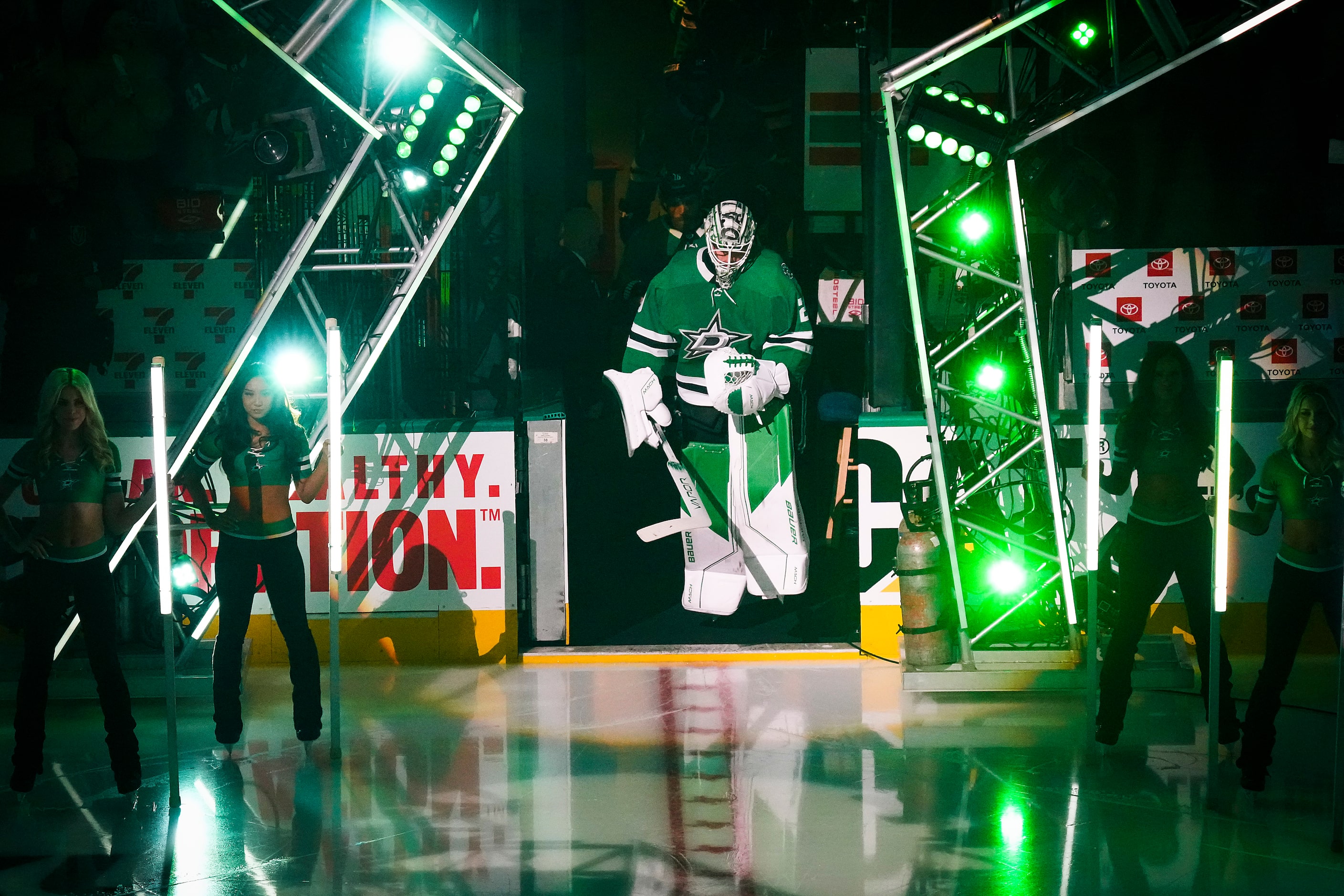 Dallas Stars goaltender Jake Oettinger takes the ice for Game 3 of the Stanley Cup Western...