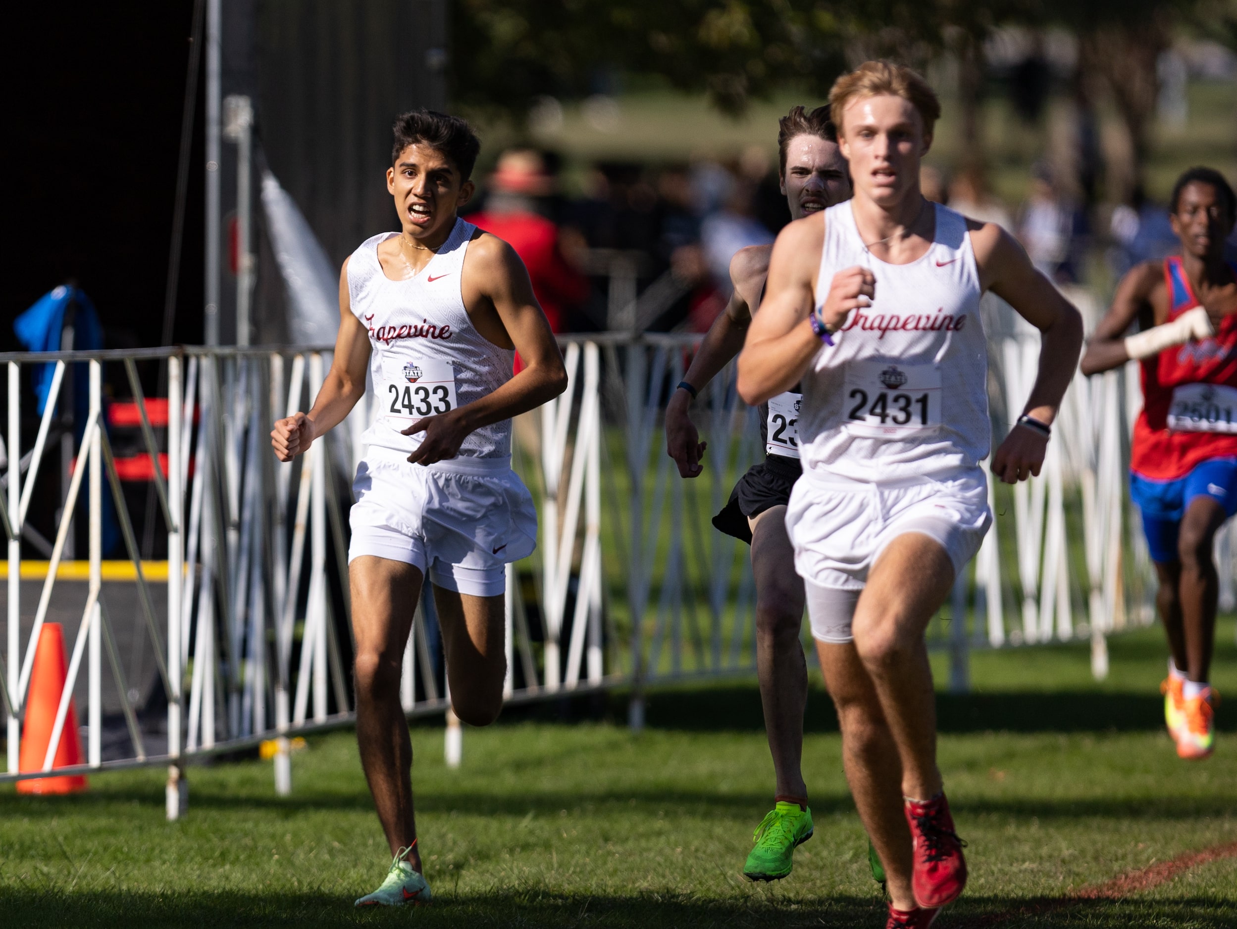 Alberto Rayon of the Grapevine Mustangs runs toward the finish in the 5A boys’ 5k race...