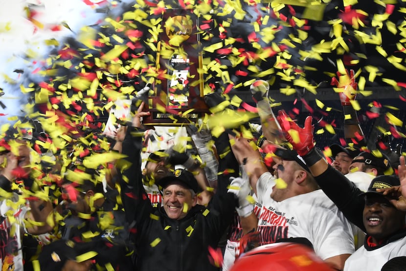 Ferris State hoists the NCAA Division II National Championship trophy after defeating...