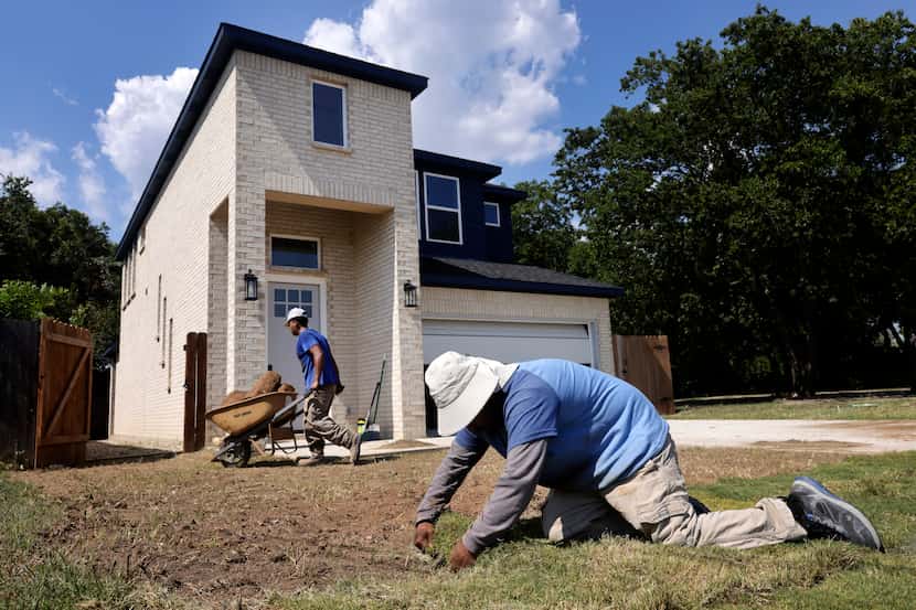 Workers Efron Ruiz (right) and Luis Rangel  lay sod at a new home under construction on...