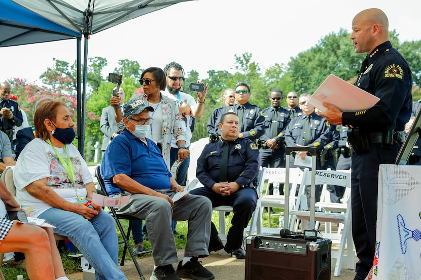 Bessie Rodriguez (left), mother of Santos Rodriguez, listens as Dallas Police Chief Eddie...