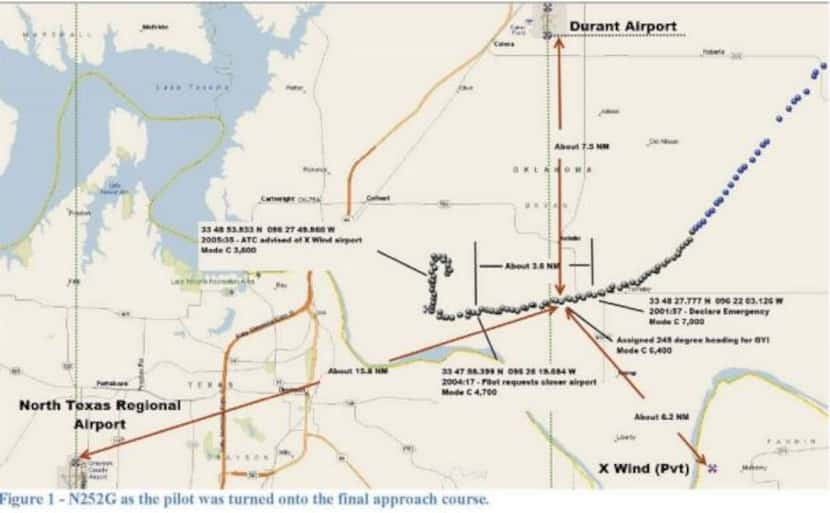 The NTSB's report plotted the Beechcraft's final flight path before it crashed in a wooded...