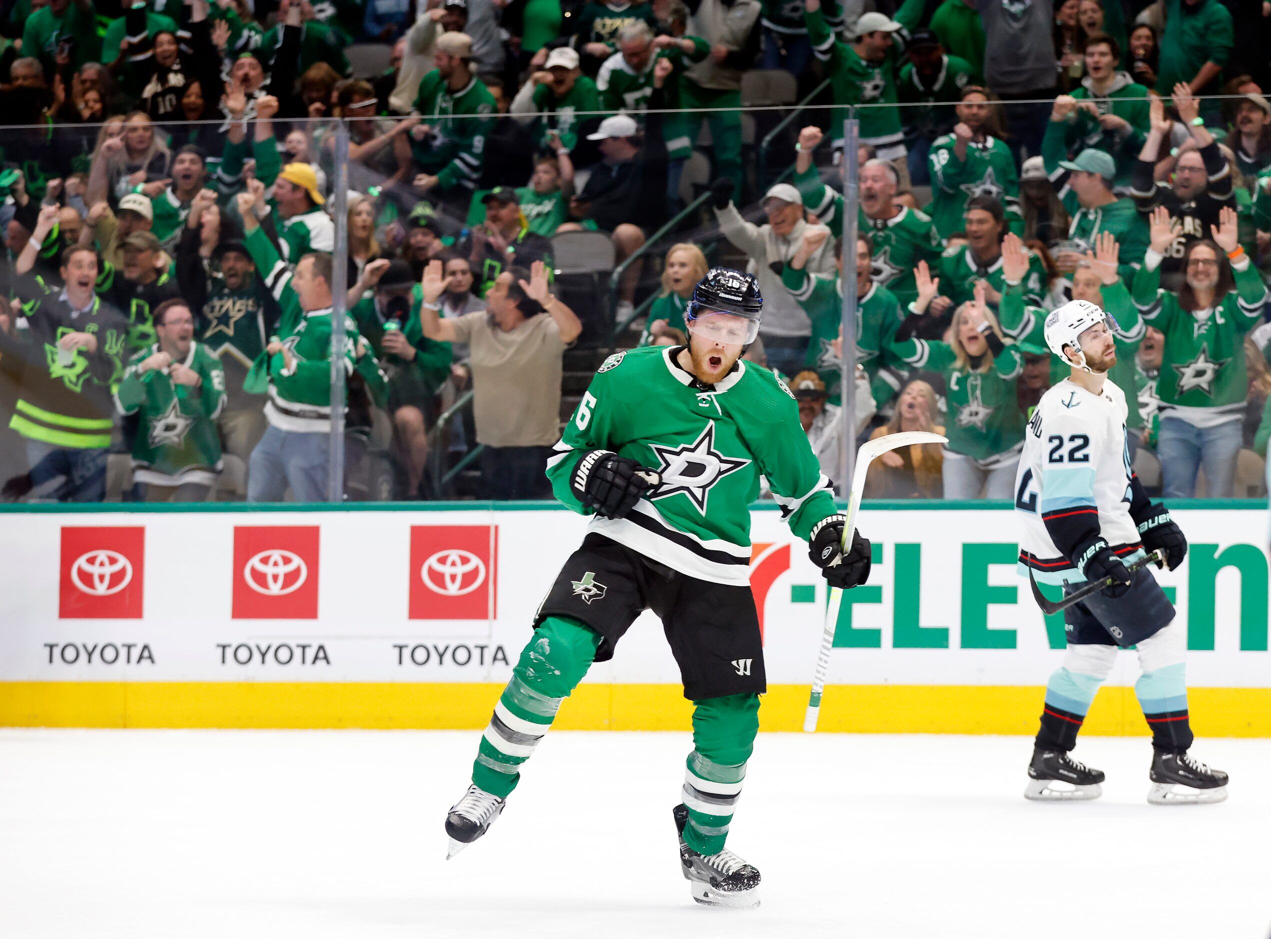 Dallas Stars center Joe Pavelski (16) celebrates his second of two first period goals...