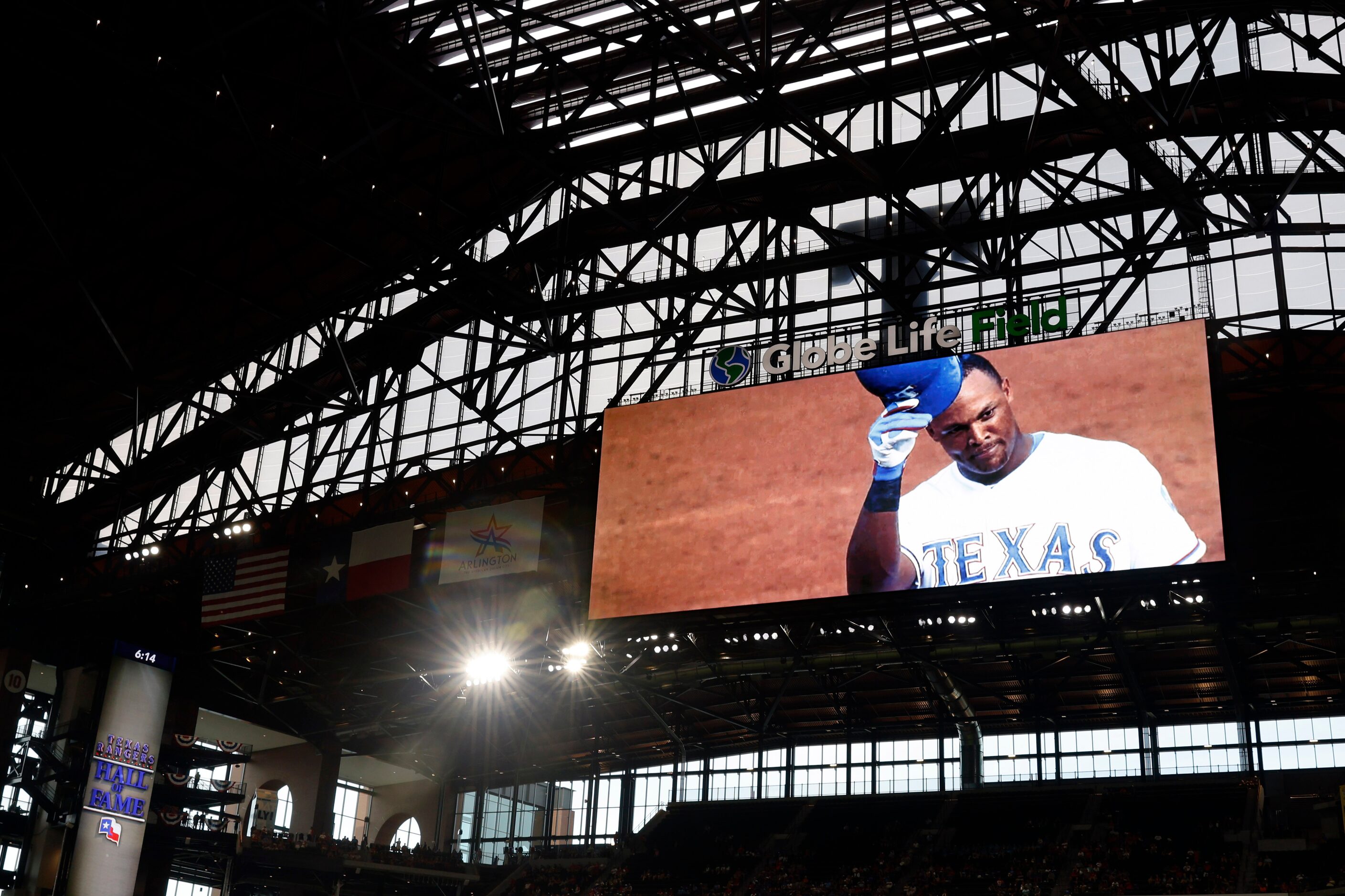 A tribute video plays of former Texas Rangers third basemen Adrian Beltre during the Texas...