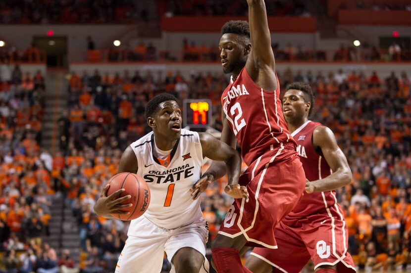 Jan 13, 2016; Stillwater, OK, USA; Oklahoma State Cowboys guard Jawun Evans (1) drives to...