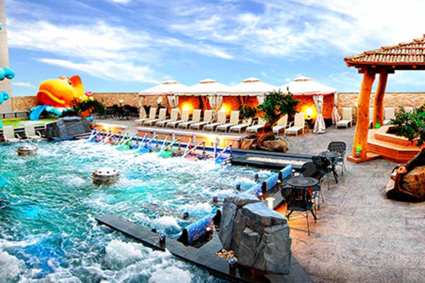 Panoramic view of Spa Castle's outdoor swimming areas