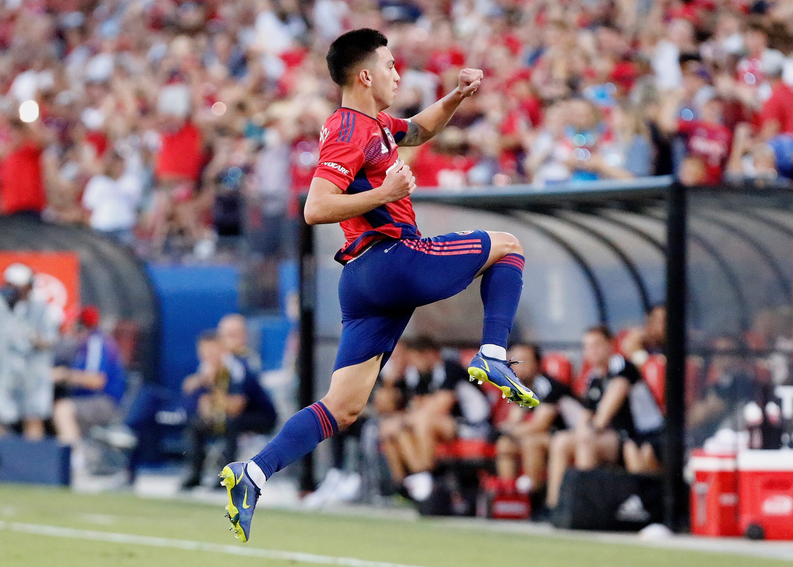 FC Dallas forward Alan Velasco (20) celebrates a score during the first half as FC Dallas...