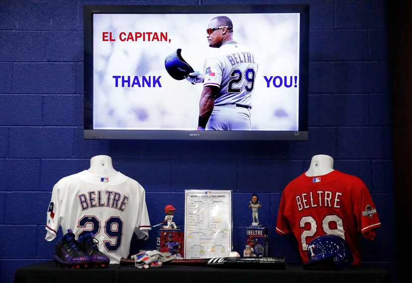 A collection of memorabilia is set before former Texas Rangers third baseman Adrian Beltre's...