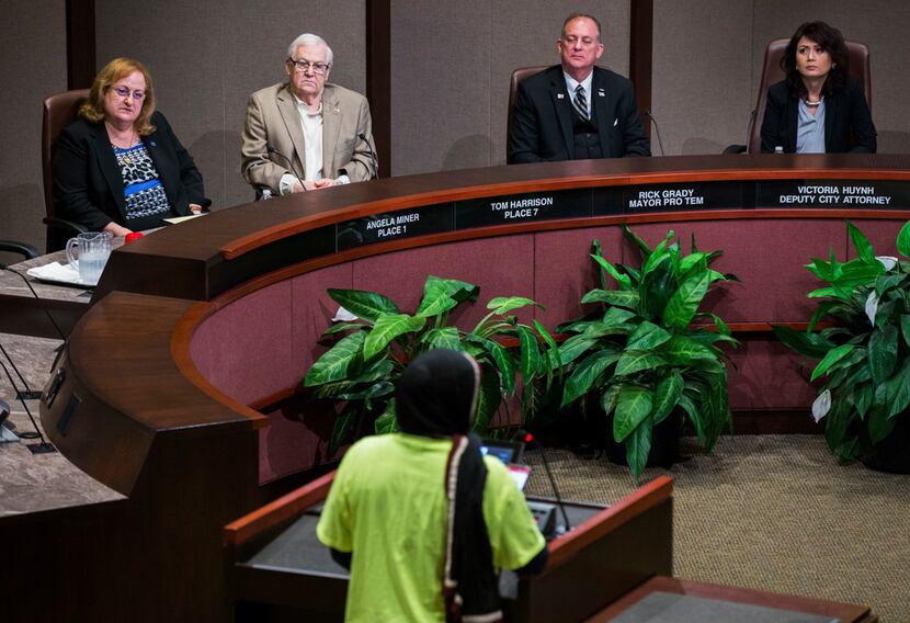 Plano council members listen to speakers on Monday, April 23, 2018 at Plano City Hall.