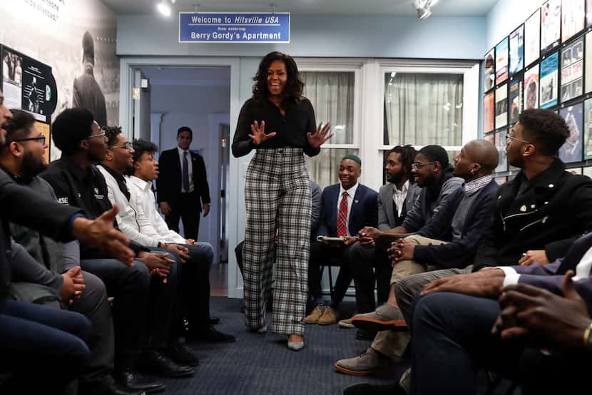 Former First Lady Michelle Obama surprise Wayne State University students during a...