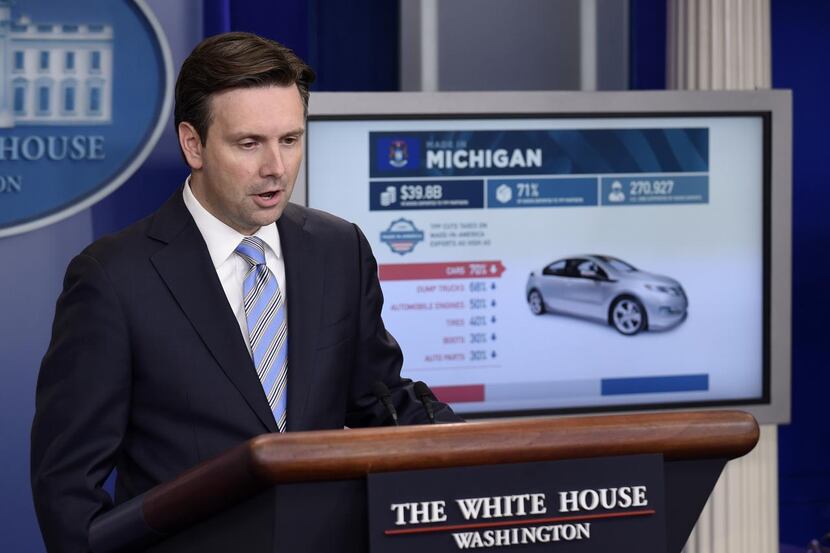 
White House press secretary Josh Earnest uses a graphic to discuss the Trans-Pacific...