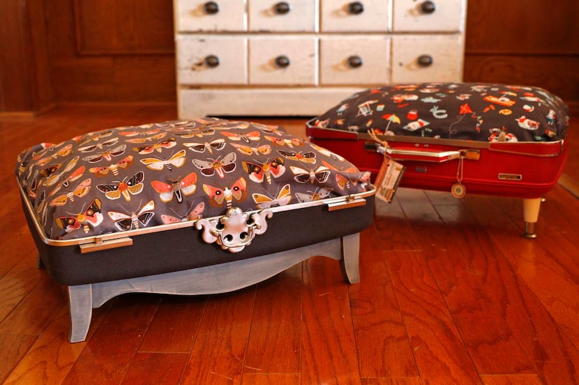 
Two of Anna Marie Bevaqua's homemade pet beds crafted out of an old suitcase at her Plano,...