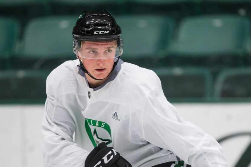 Thomas Harley (5) participates in a drill during Dallas Stars prospect camp on Tuesday, June...