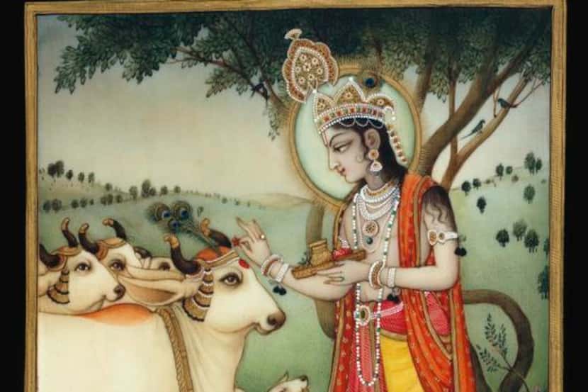 
B. G. Sharma’s watercolor Krishna ornaments a beloved cow is part of the exhibit.
