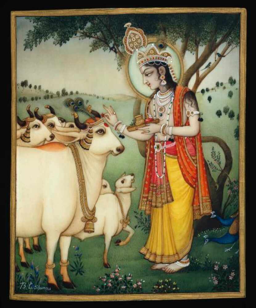 
B. G. Sharma’s watercolor Krishna ornaments a beloved cow is part of the exhibit.
