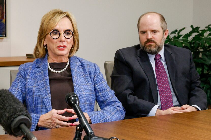 Plaintiffs lawyer Charla Aldous (left) spoke to reporters alongside plaintiffs lawyer Brent...