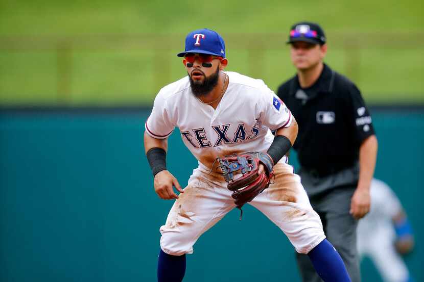 Texas Rangers second baseman Rougned Odor (12) waits on a hit by the Toronto Blue Jays at...