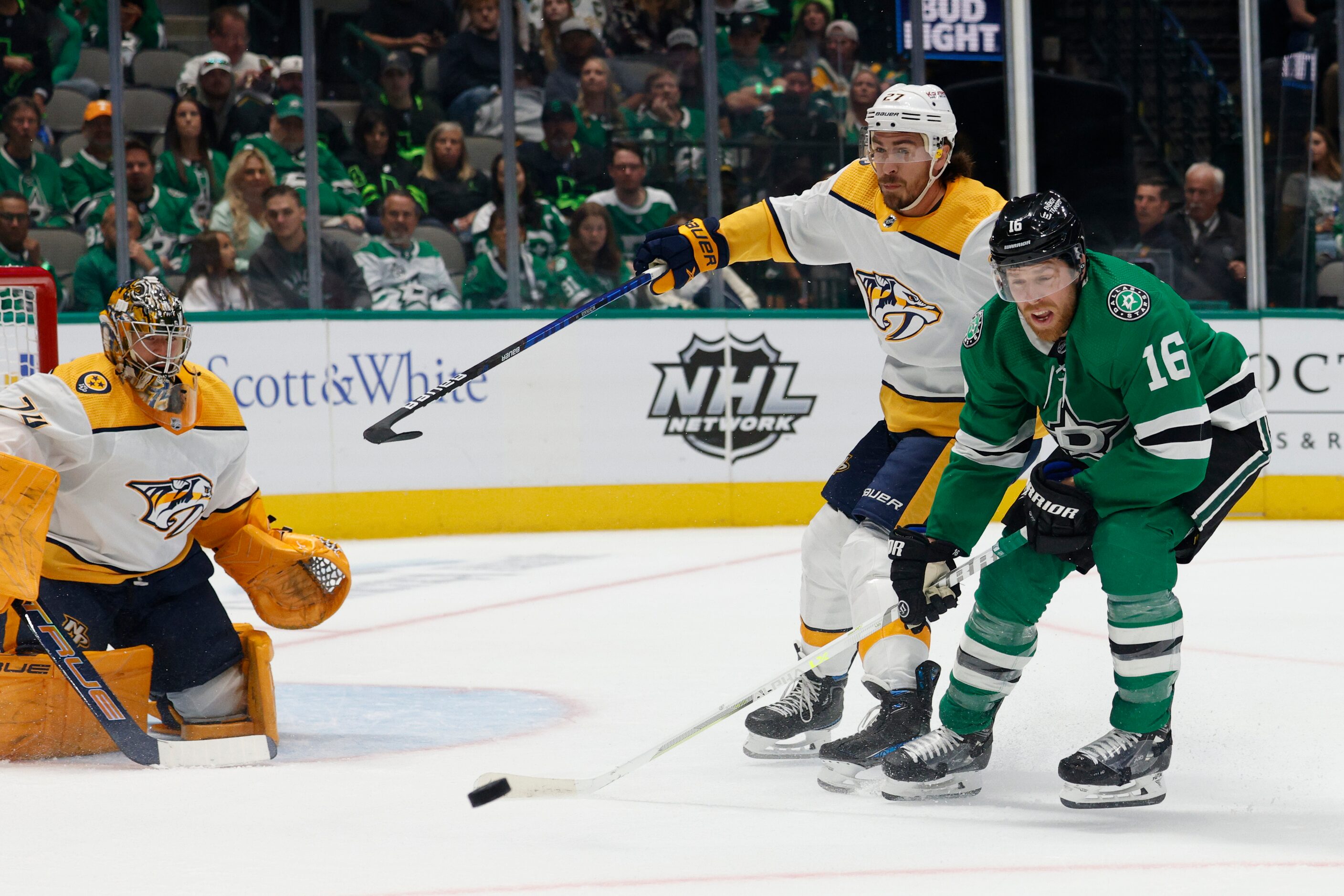 Dallas Stars center Joe Pavelski (16) passes the puck away from Nashville Predators...