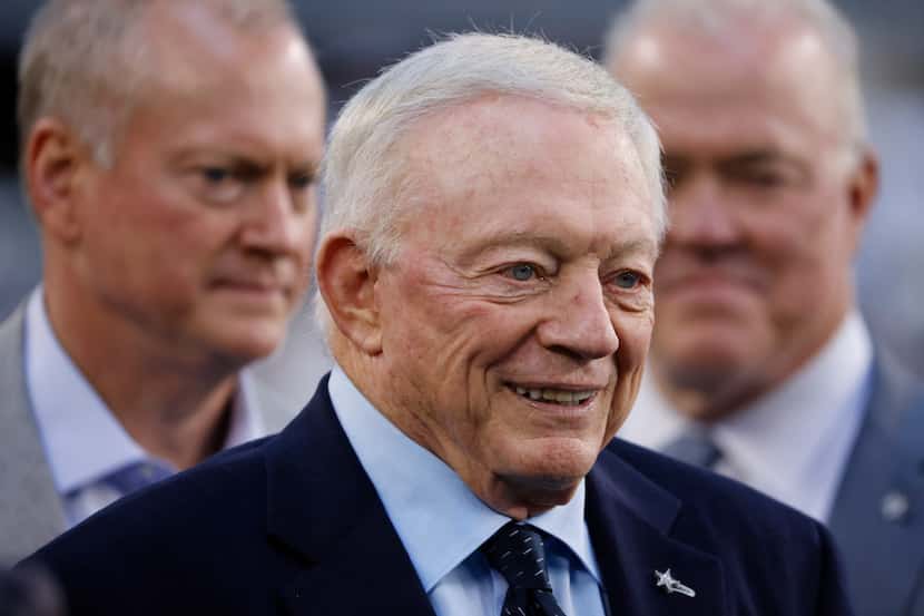 Dallas Cowboys owner Jerry Jones is seen with his sons Jerry Jr. and Steven before an NFL...