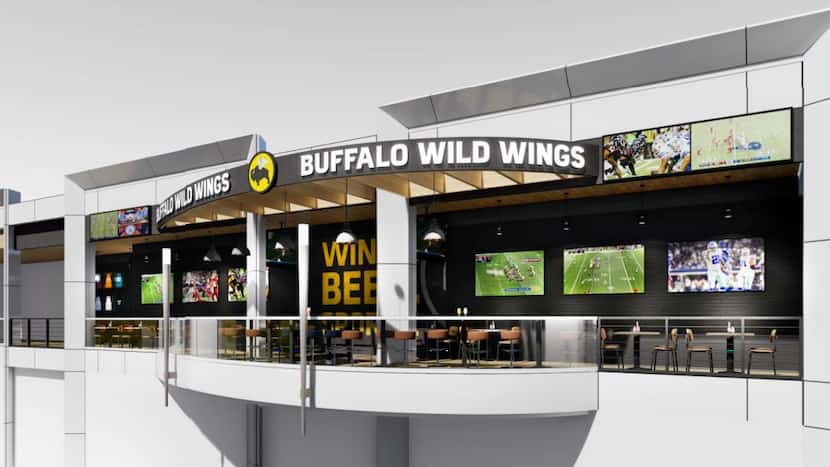 Renderings of a proposed Buffalo Wilds Wings and Topgolf hybrid at DFW International Airport.