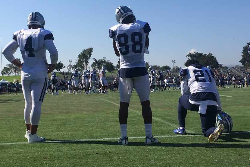 L to R: Dak Prescott, Dez Bryant, Ezekiel Elliott at Cowboys practice on Tuesday, August 8,...