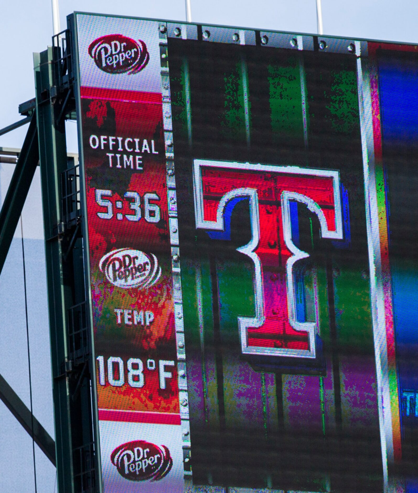 The scoreboard reads 108 degrees before an MLB game between the Texas Rangers and the...