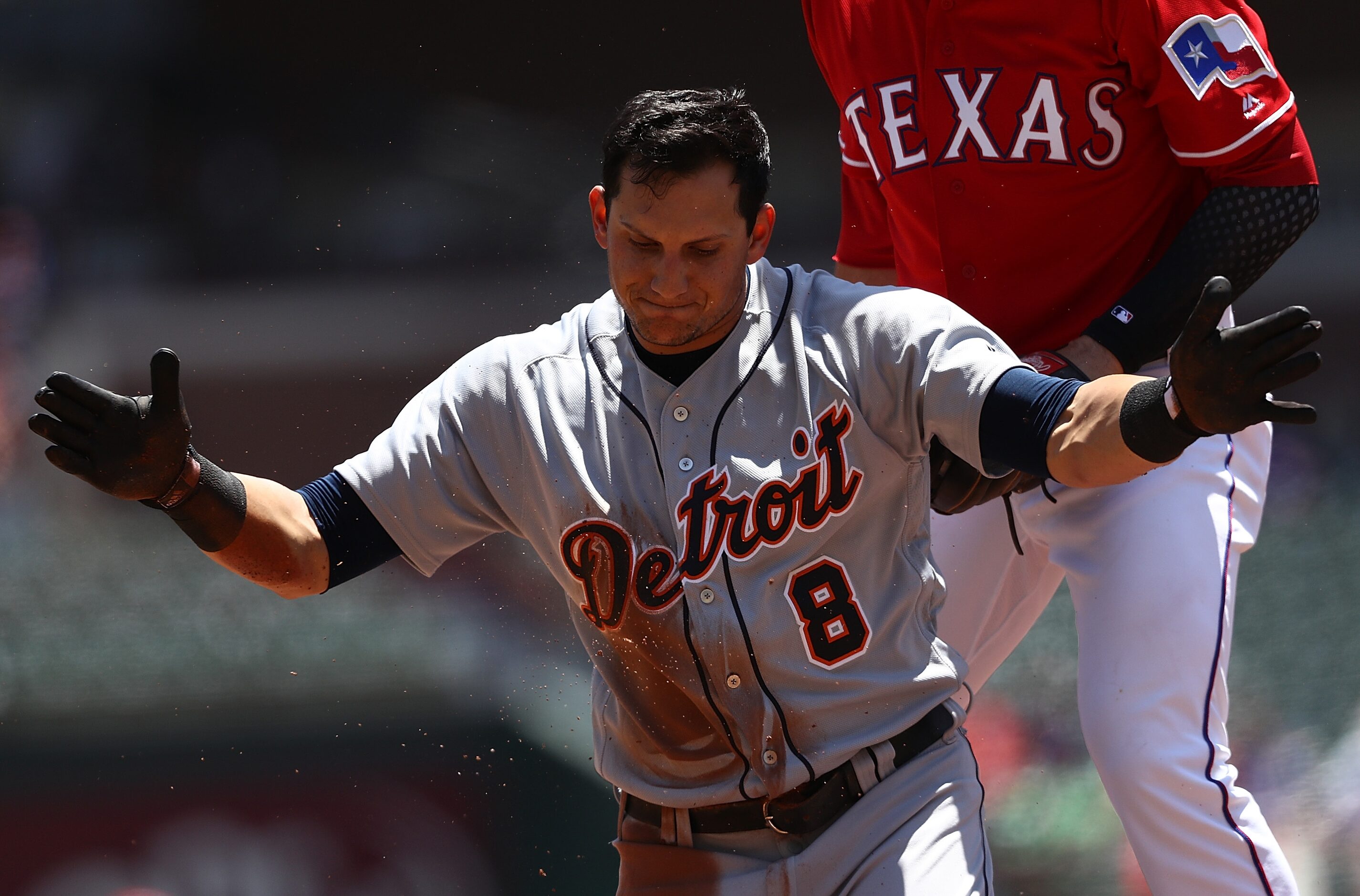 ARLINGTON, TX - MAY 09:  Mikie Mahtook #8 of the Detroit Tigers hits a triple against the...