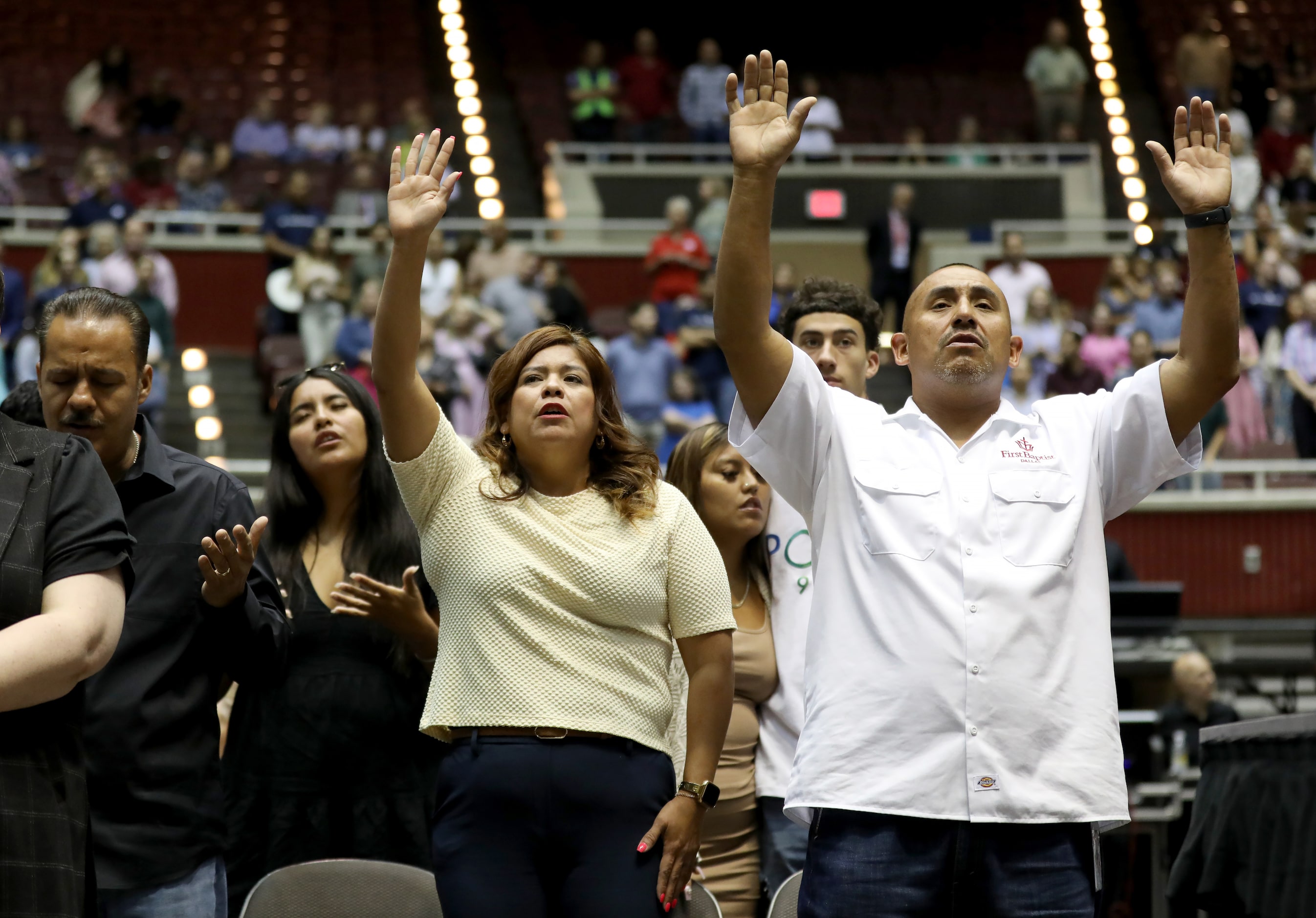 First Baptist Church members participate in Sunday service held at the Dallas Convention...