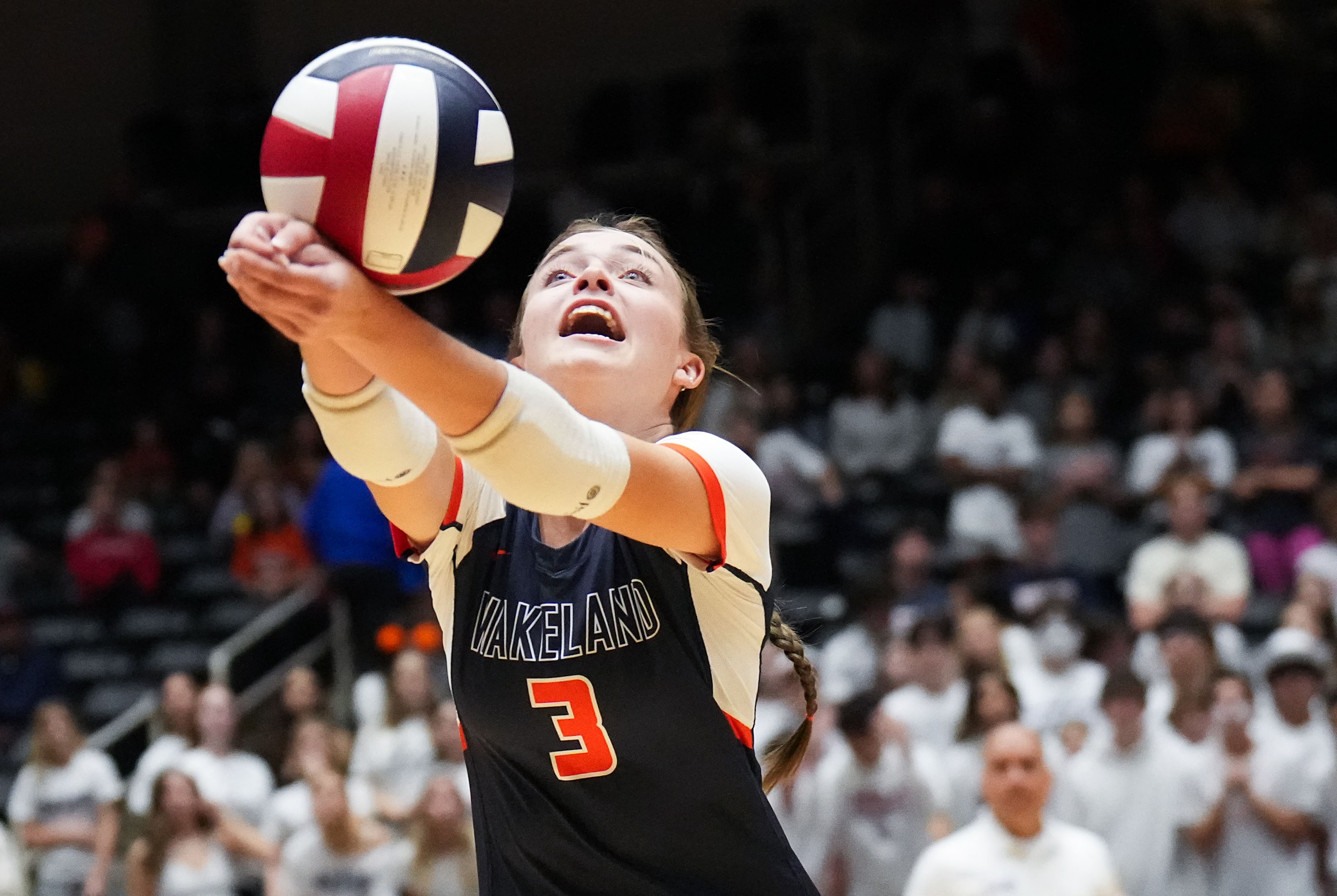 Frisco Wakeland's Breanna Cagle reaches for the ball during the UIL Class 5A Division II...