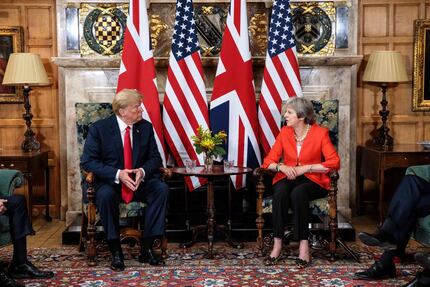 President Donald Trump and Britain's Prime Minister Theresa May meet at Chequers, the prime...