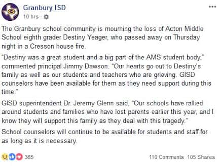 Granbury ISD officials mourned the loss of Destiny Yeager, 13, on the district's Facebook...