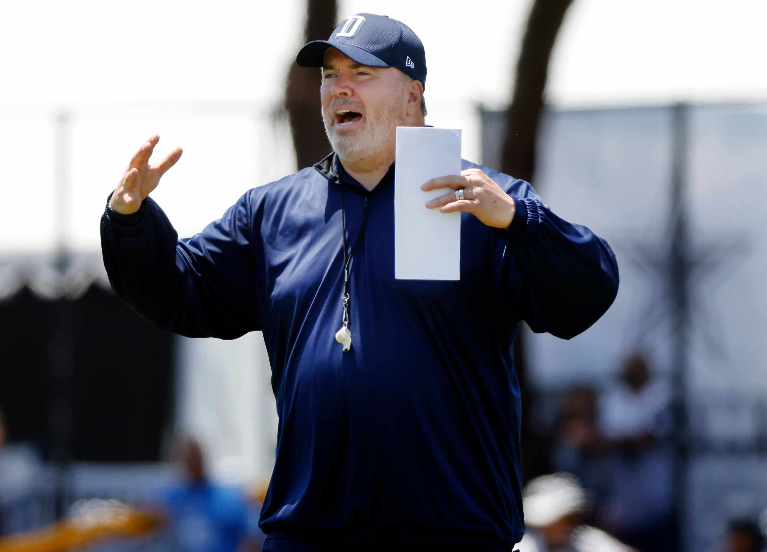 Dallas Cowboys head coach Mike McCarthy yells instruction to his players during the first...