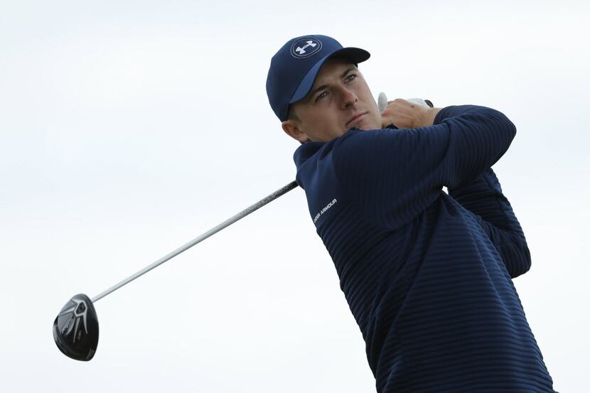 Jordan Spieth of the US hits his tee shot off the 6th during a practice round ahead of the...