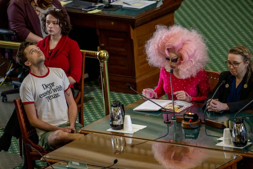 Austin drag queen Brigitte Bandit gives testimony in the Senate chamber at the Texas Capitol...