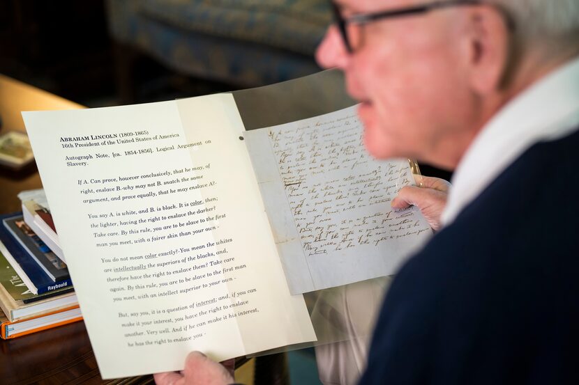 Harlan Crow shows a document written by Abraham Lincoln, which is part of his collection,...