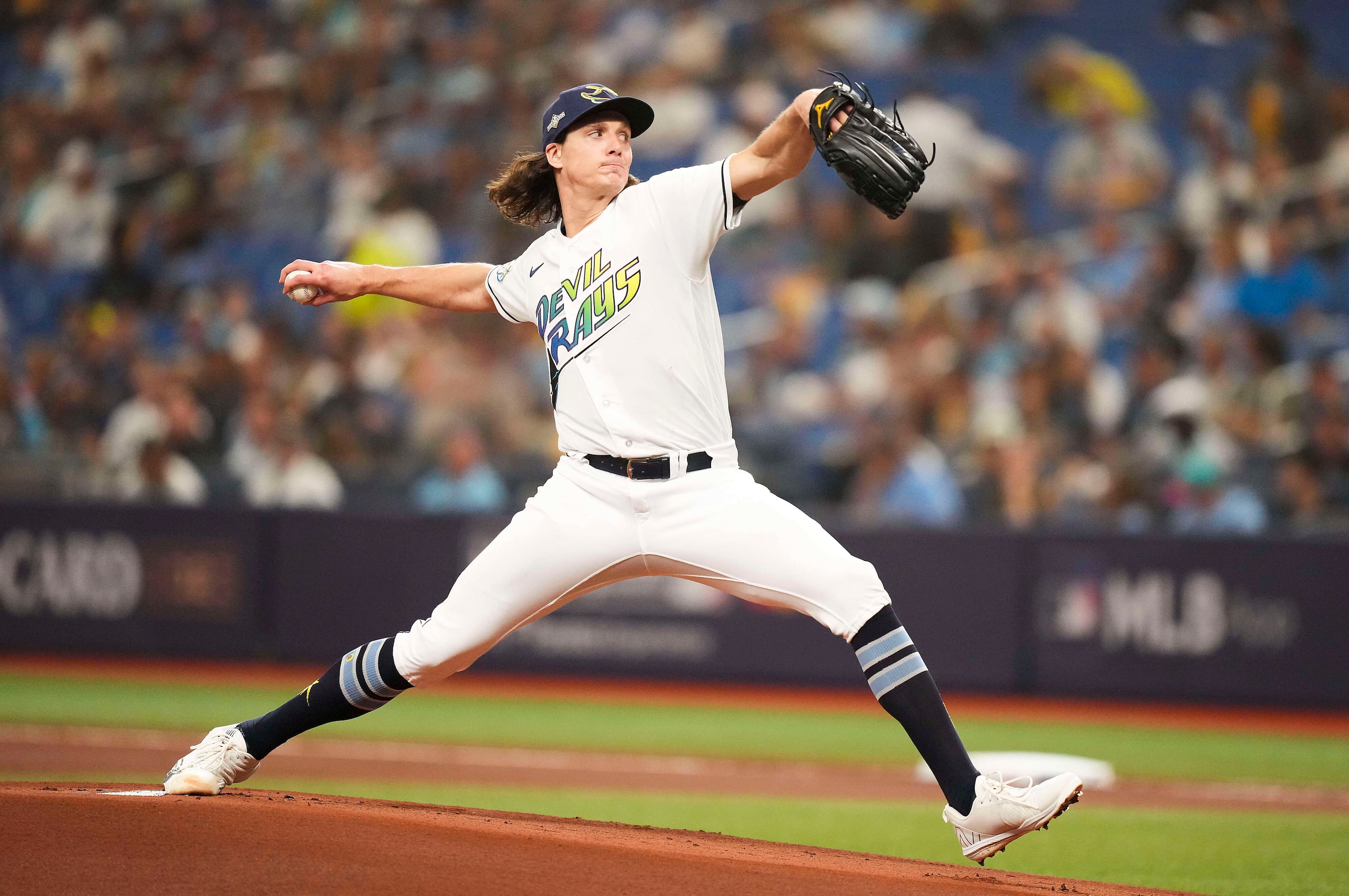 Tampa Bay Rays starting pitcher Tyler Glasnow (20) delivers during the first inning of an...